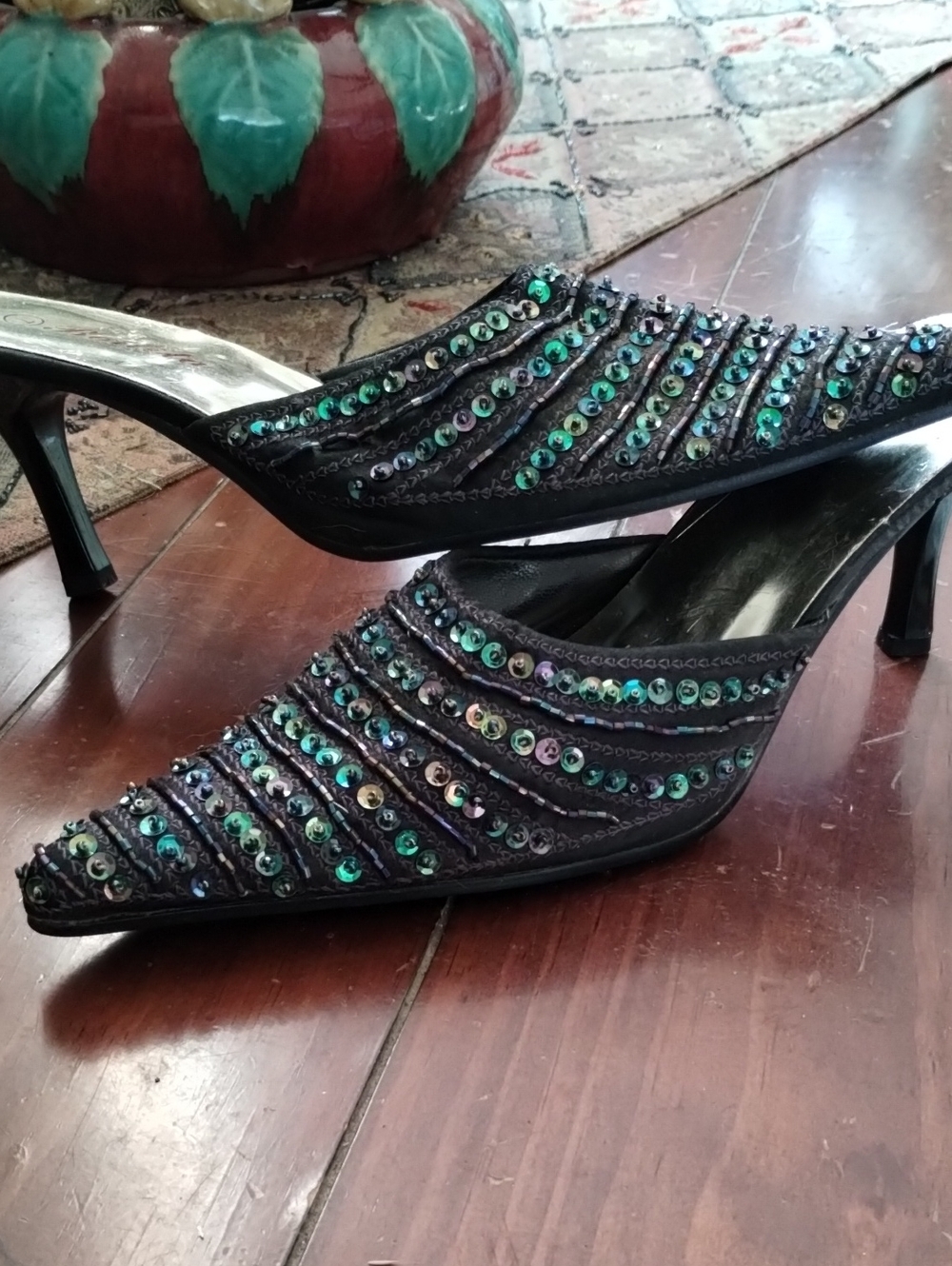 Sequin Embellished Black Pointed Mule Heels